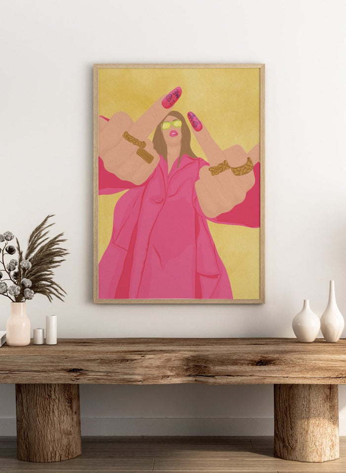 A stylized fashion illustration of a woman in a bright pink trench coat and lime green sunglasses, with both hands raised showing long pink nails decorated with black symbols and gold rings on her wrists, set against a textured yellow background. Pink Fashion V-Sign by Lisa Solomoniuk premium framed fine art print featuring a woman in a bright pink coat with a bold, rebellious gesture.