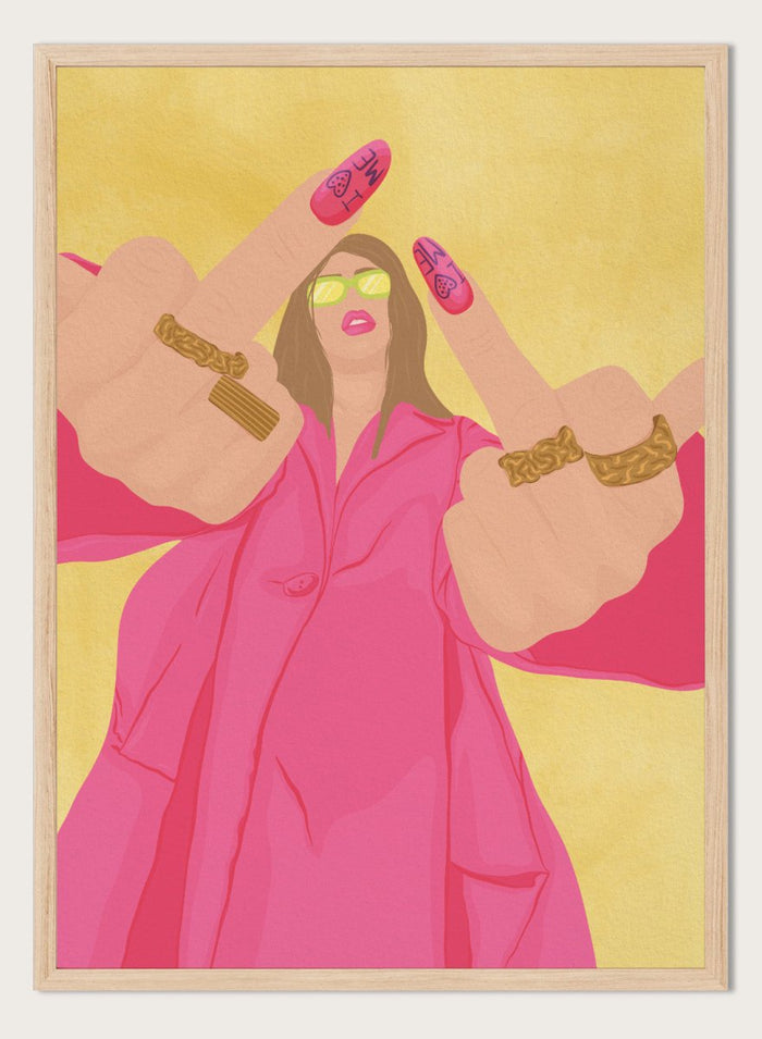 A stylized fashion illustration of a woman in a bright pink trench coat and lime green sunglasses, with both hands raised showing long pink nails decorated with black symbols and gold rings on her wrists, set against a textured yellow background. Pink Fashion V-Sign by Lisa Solomoniuk premium framed fine art print featuring a woman in a bright pink coat with a bold, rebellious gesture.