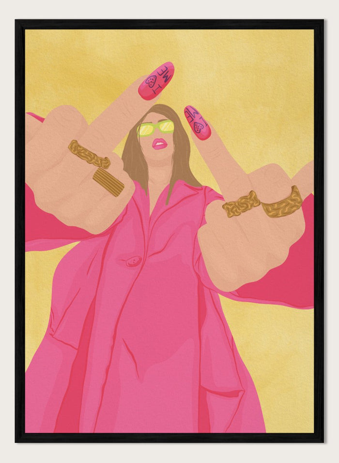 A stylized fashion illustration of a woman in a bright pink trench coat and lime green sunglasses, with both hands raised showing long pink nails decorated with black symbols and gold rings on her wrists, set against a textured yellow background. Pink Fashion V-Sign by Lisa Solomoniuk premium framed fine art print featuring a woman in a bright pink coat with a bold, rebellious gesture.