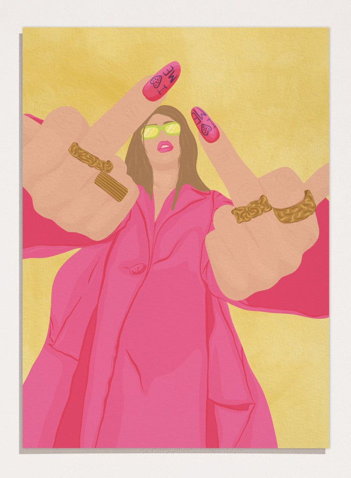 A stylized fashion illustration of a woman in a bright pink trench coat and lime green sunglasses, with both hands raised showing long pink nails decorated with black symbols and gold rings on her wrists, set against a textured yellow background. Pink Fashion V-Sign by Lisa Solomoniuk premium framed fine art print featuring a woman in a bright pink coat with a bold, rebellious gesture.
