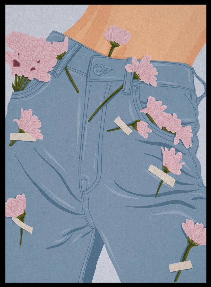 A stylized illustration of a person's lower torso wearing light blue jeans with several pink flowers pinned or attached to the fabric. The background is a pale blue-gray. Pink Flowers on Jeans by Lisa Solomoniuk fine art print featuring soft pink blooms tucked into light blue denim for a playful fashion-inspired look.