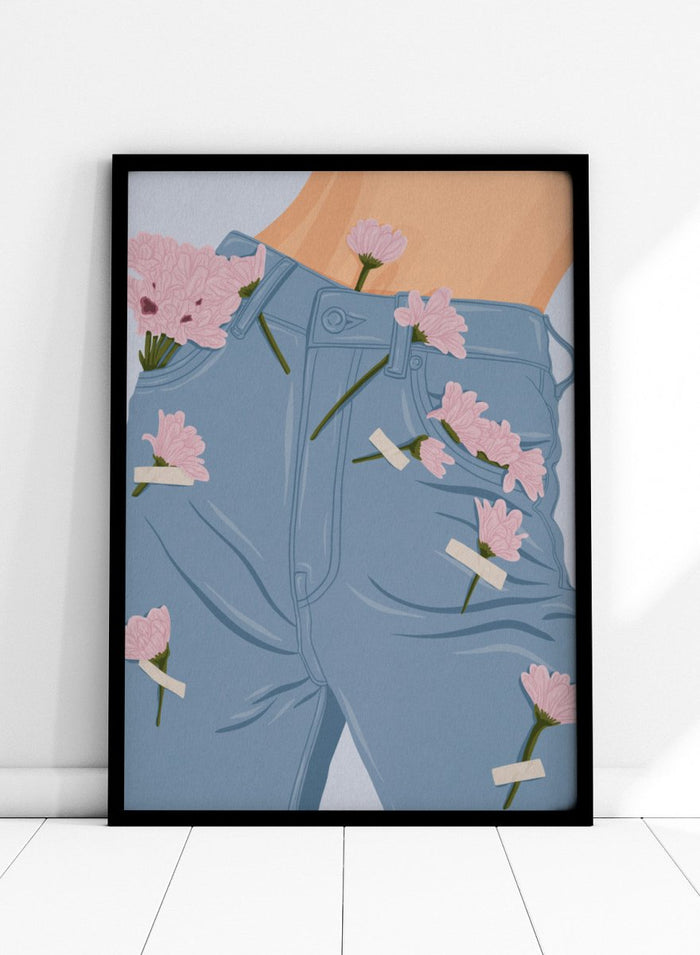 A stylized illustration of a person's lower torso wearing light blue jeans with several pink flowers pinned or attached to the fabric. The background is a pale blue-gray. Pink Flowers on Jeans by Lisa Solomoniuk fine art print featuring soft pink blooms tucked into light blue denim for a playful fashion-inspired look.