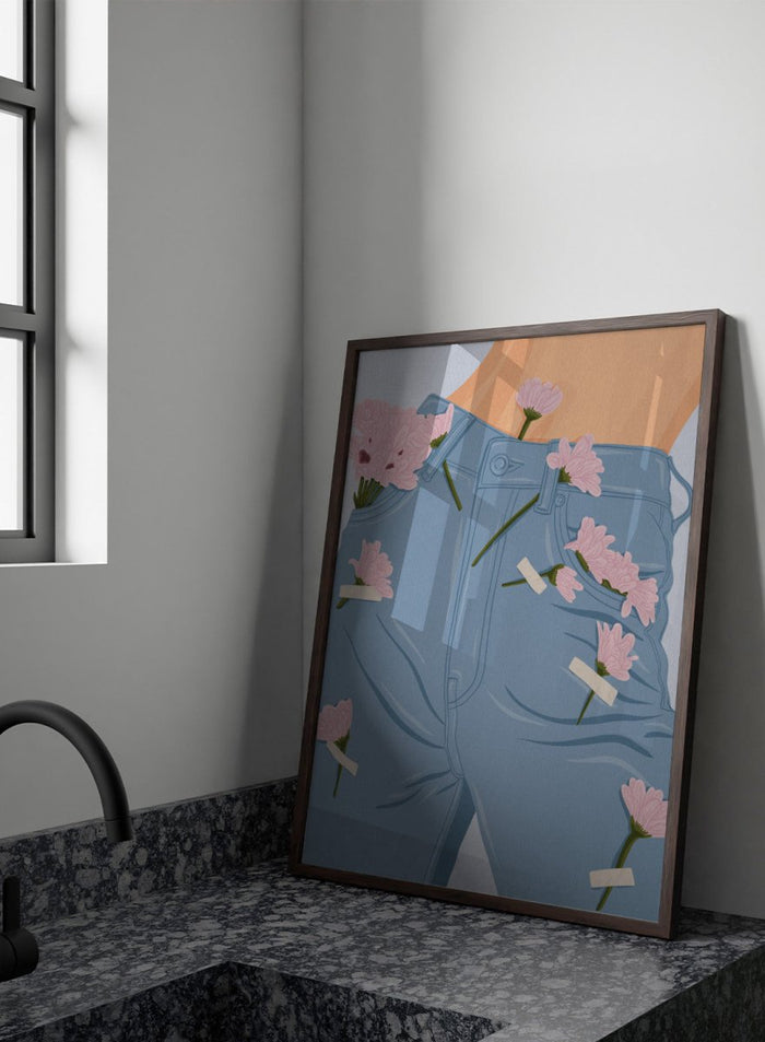 A stylized illustration of a person's lower torso wearing light blue jeans with several pink flowers pinned or attached to the fabric. The background is a pale blue-gray. Pink Flowers on Jeans by Lisa Solomoniuk fine art print featuring soft pink blooms tucked into light blue denim for a playful fashion-inspired look.