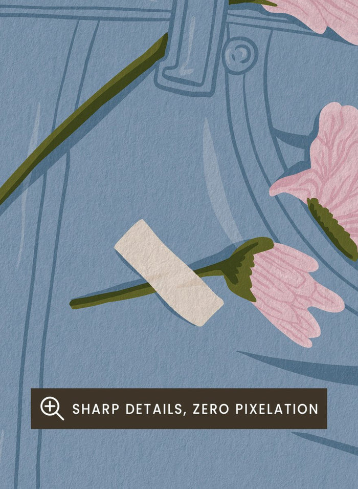 A stylized illustration of a person's lower torso wearing light blue jeans with several pink flowers pinned or attached to the fabric. The background is a pale blue-gray. Pink Flowers on Jeans by Lisa Solomoniuk fine art print featuring soft pink blooms tucked into light blue denim for a playful fashion-inspired look.