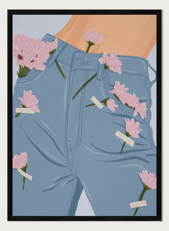 A stylized illustration of a person's lower torso wearing light blue jeans with several pink flowers pinned or attached to the fabric. The background is a pale blue-gray. Pink Flowers on Jeans by Lisa Solomoniuk fine art print featuring soft pink blooms tucked into light blue denim for a playful fashion-inspired look.