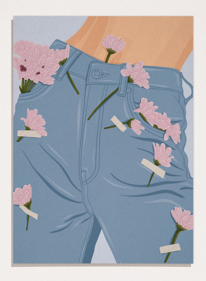 A stylized illustration of a person's lower torso wearing light blue jeans with several pink flowers pinned or attached to the fabric. The background is a pale blue-gray. Pink Flowers on Jeans by Lisa Solomoniuk fine art print featuring soft pink blooms tucked into light blue denim for a playful fashion-inspired look.