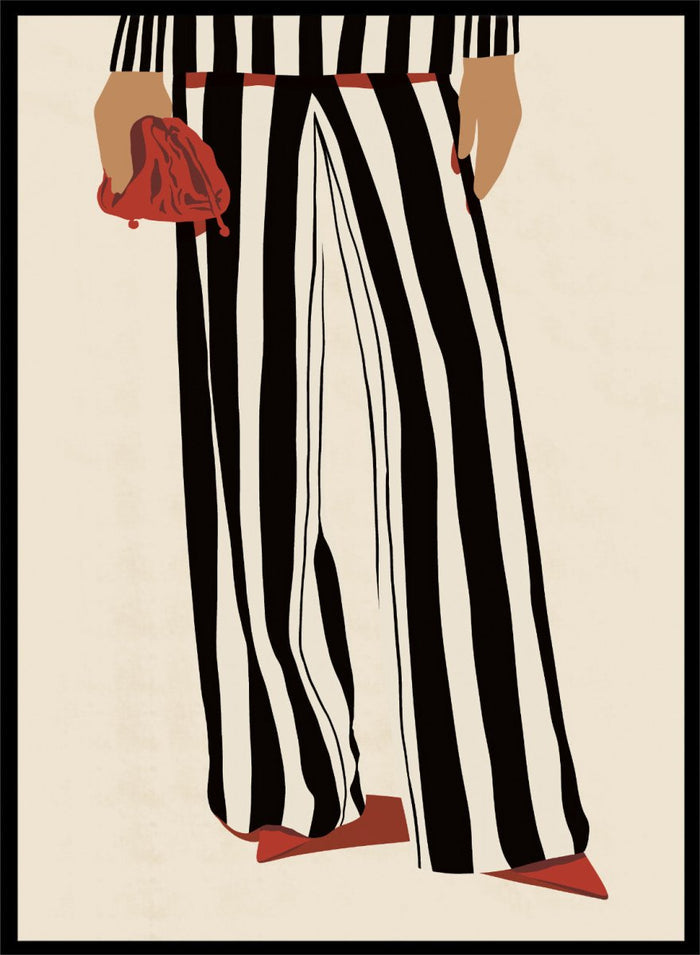 Fashion illustration of a person from the waist down wearing black and white vertically striped wide-leg trousers, with a red belt, red pointed shoes, and holding a red clutch against a cream background. Red Heels and Stripes by Lisa Solomoniuk premium framed fine art print featuring bold black-and-white stripes, pointed red heels, and a matching bag.