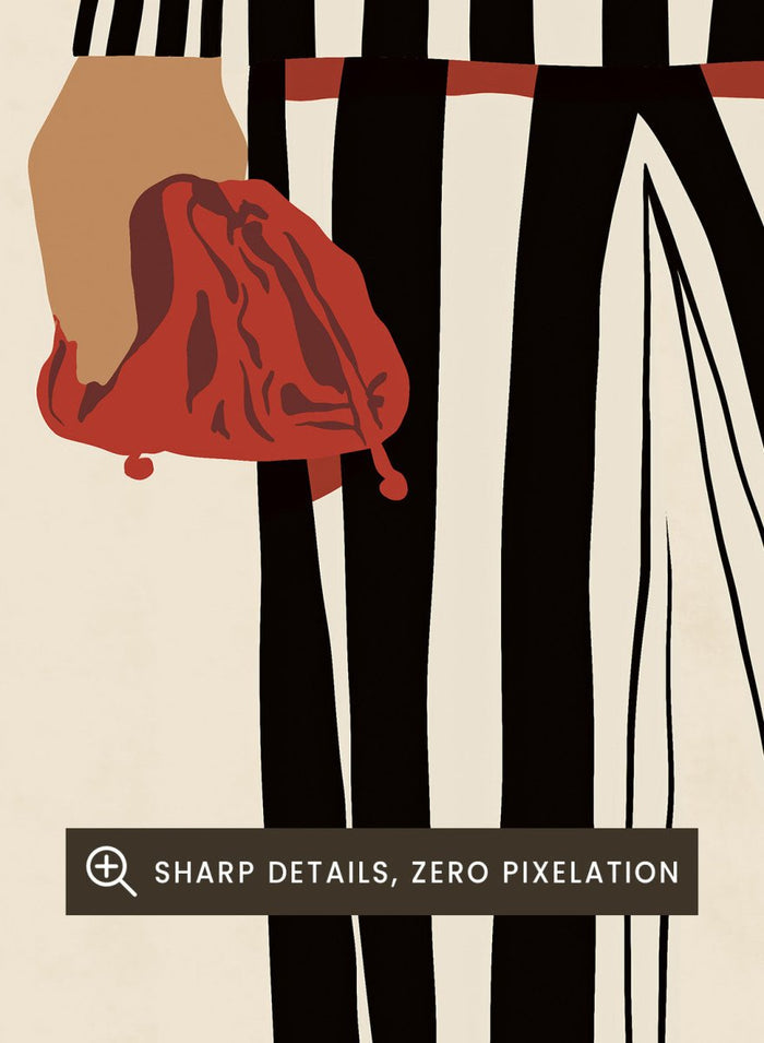 Fashion illustration of a person from the waist down wearing black and white vertically striped wide-leg trousers, with a red belt, red pointed shoes, and holding a red clutch against a cream background. Red Heels and Stripes by Lisa Solomoniuk premium framed fine art print featuring bold black-and-white stripes, pointed red heels, and a matching bag.