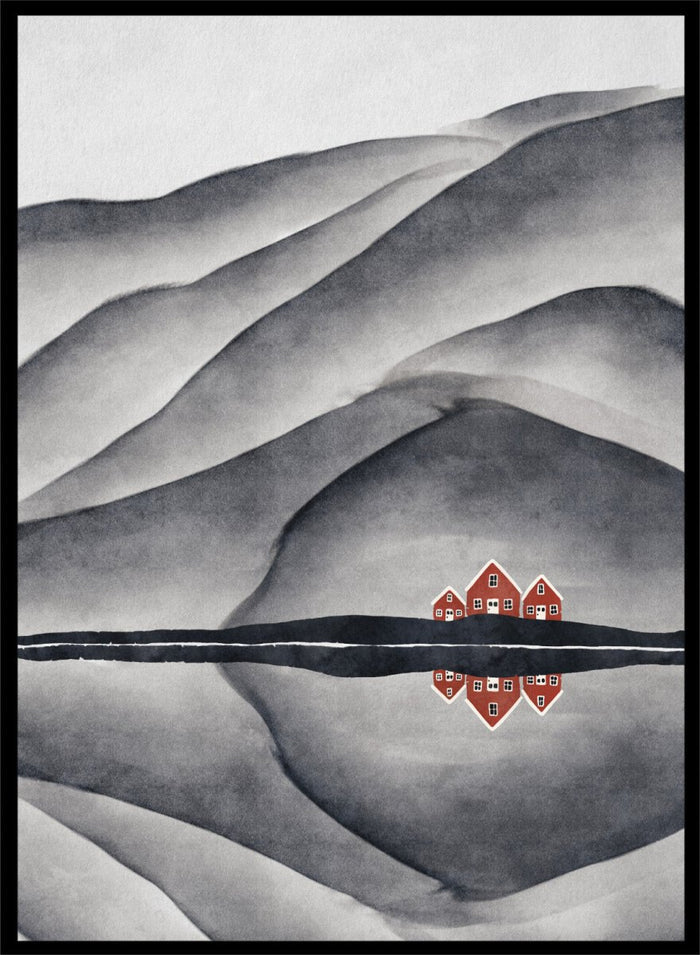 Lisa Solomoniuk - Red Houses Lake Reflection Art Print