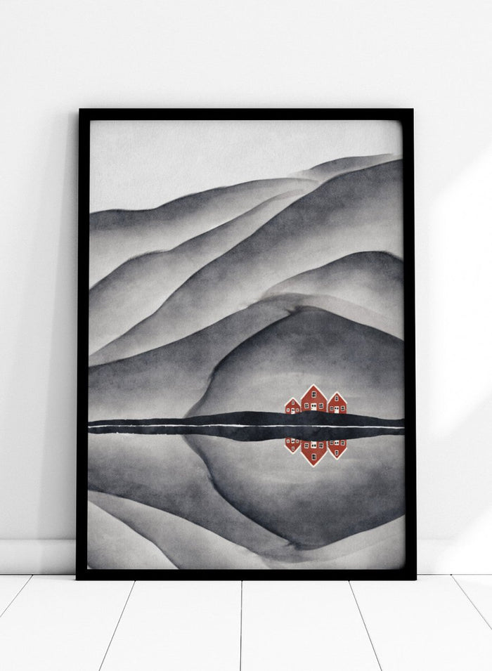 Lisa Solomoniuk - Red Houses Lake Reflection Art Print