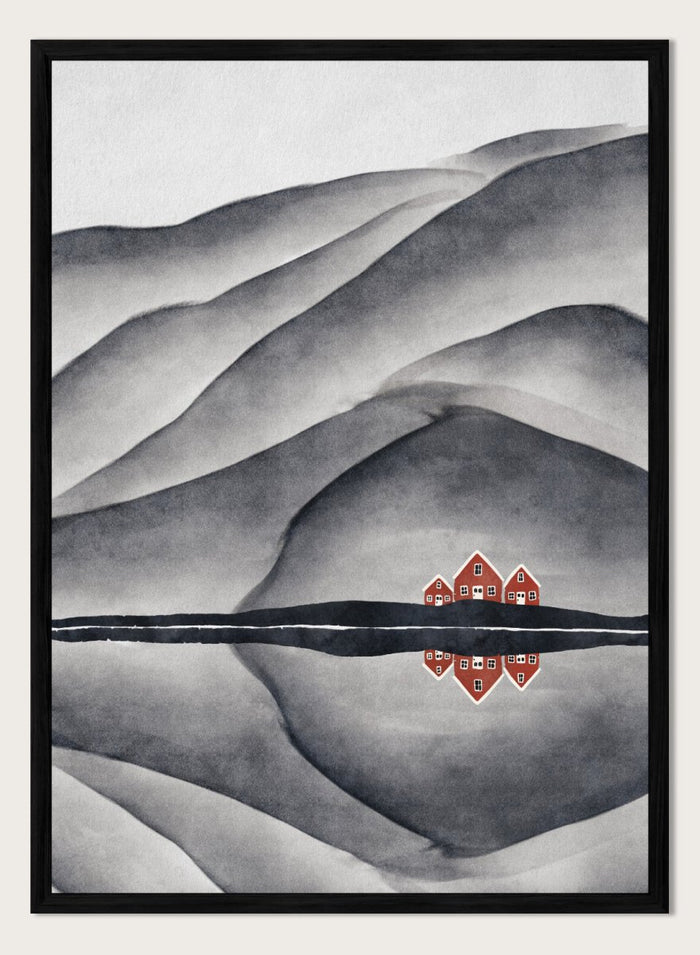Lisa Solomoniuk - Red Houses Lake Reflection Art Print
