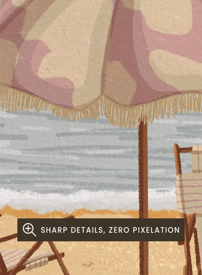 A beach scene artwork showing two wooden deck chairs under a beige and dusty pink patterned umbrella on a sandy shore, with the ocean and cloudy sky behind them. Two birds are visible in the sky. Seaside Umbrella Chairs by Lisa Solomoniuk premium framed fine art print featuring striped beach chairs beneath a fringed umbrella by the sea.