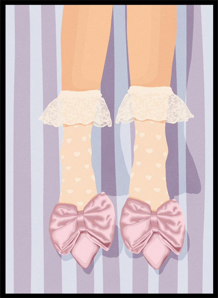 A stylized illustration of a person's legs wearing beige socks with white polka dots and ruffled cream lace cuffs, paired with large light pink satin bows on pointed shoes, set against a lavender and white striped background. Sweet Pink Bow Shoes by Lisa Solomoniuk premium framed fine art print featuring oversized satin bows, heart socks, and soft lavender stripes.