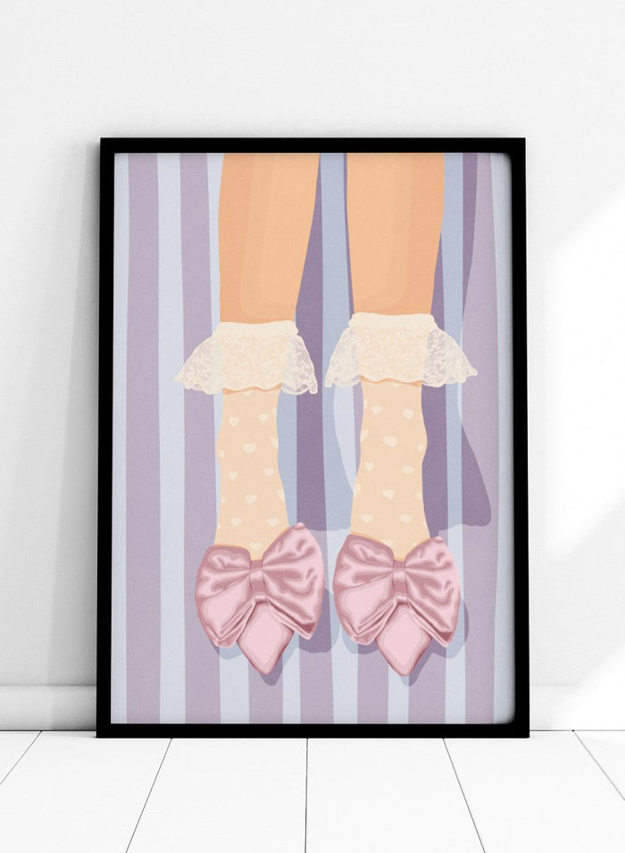 A stylized illustration of a person's legs wearing beige socks with white polka dots and ruffled cream lace cuffs, paired with large light pink satin bows on pointed shoes, set against a lavender and white striped background. Sweet Pink Bow Shoes by Lisa Solomoniuk premium framed fine art print featuring oversized satin bows, heart socks, and soft lavender stripes.