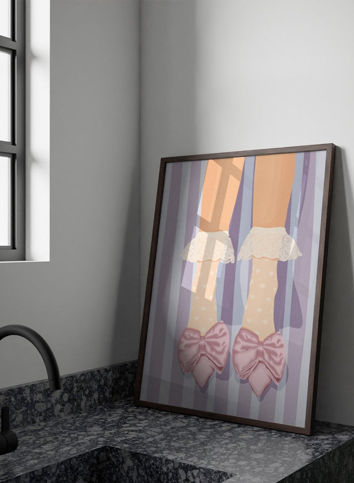 A stylized illustration of a person's legs wearing beige socks with white polka dots and ruffled cream lace cuffs, paired with large light pink satin bows on pointed shoes, set against a lavender and white striped background. Sweet Pink Bow Shoes by Lisa Solomoniuk premium framed fine art print featuring oversized satin bows, heart socks, and soft lavender stripes.