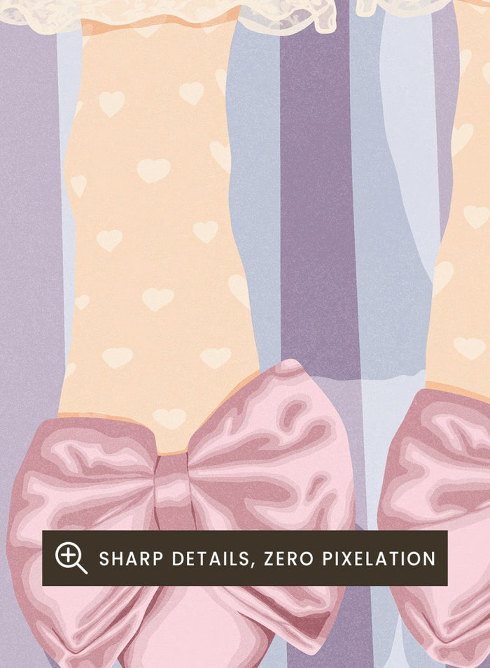 A stylized illustration of a person's legs wearing beige socks with white polka dots and ruffled cream lace cuffs, paired with large light pink satin bows on pointed shoes, set against a lavender and white striped background. Sweet Pink Bow Shoes by Lisa Solomoniuk premium framed fine art print featuring oversized satin bows, heart socks, and soft lavender stripes.