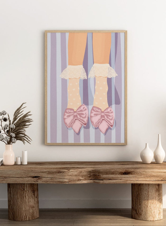 A stylized illustration of a person's legs wearing beige socks with white polka dots and ruffled cream lace cuffs, paired with large light pink satin bows on pointed shoes, set against a lavender and white striped background. Sweet Pink Bow Shoes by Lisa Solomoniuk premium framed fine art print featuring oversized satin bows, heart socks, and soft lavender stripes.