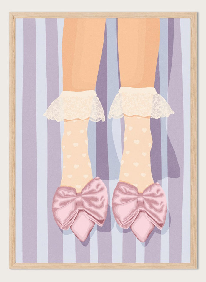 A stylized illustration of a person's legs wearing beige socks with white polka dots and ruffled cream lace cuffs, paired with large light pink satin bows on pointed shoes, set against a lavender and white striped background. Sweet Pink Bow Shoes by Lisa Solomoniuk premium framed fine art print featuring oversized satin bows, heart socks, and soft lavender stripes.