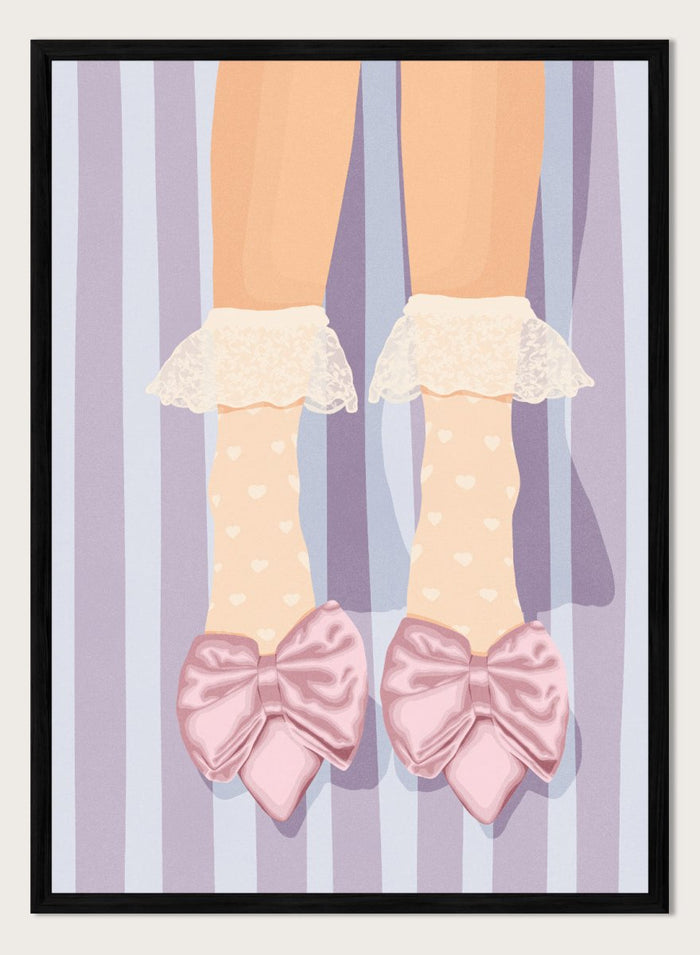 A stylized illustration of a person's legs wearing beige socks with white polka dots and ruffled cream lace cuffs, paired with large light pink satin bows on pointed shoes, set against a lavender and white striped background. Sweet Pink Bow Shoes by Lisa Solomoniuk premium framed fine art print featuring oversized satin bows, heart socks, and soft lavender stripes.