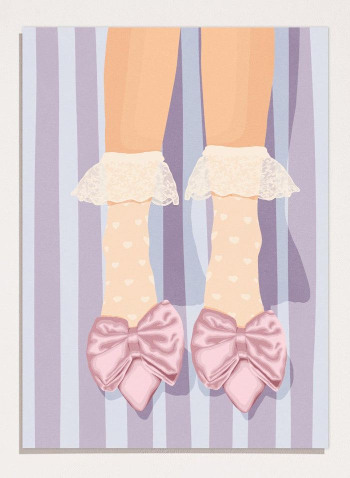 A stylized illustration of a person's legs wearing beige socks with white polka dots and ruffled cream lace cuffs, paired with large light pink satin bows on pointed shoes, set against a lavender and white striped background. Sweet Pink Bow Shoes by Lisa Solomoniuk premium framed fine art print featuring oversized satin bows, heart socks, and soft lavender stripes.