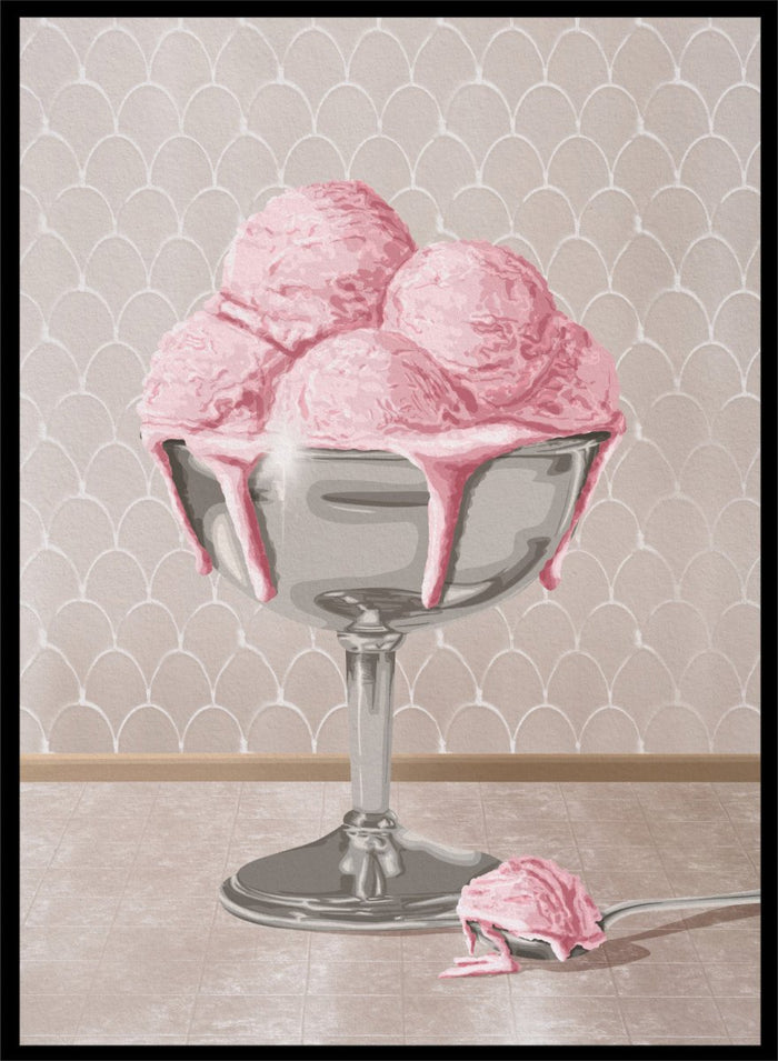 A stylized illustration of pink ice cream scoops in a silver pedestal bowl with dripping pink sauce, set against a pale patterned wall and floor. Sweet Pink Meltdown by Lisa Solomoniuk premium framed fine art print featuring melting pink ice cream in a silver dessert cup.