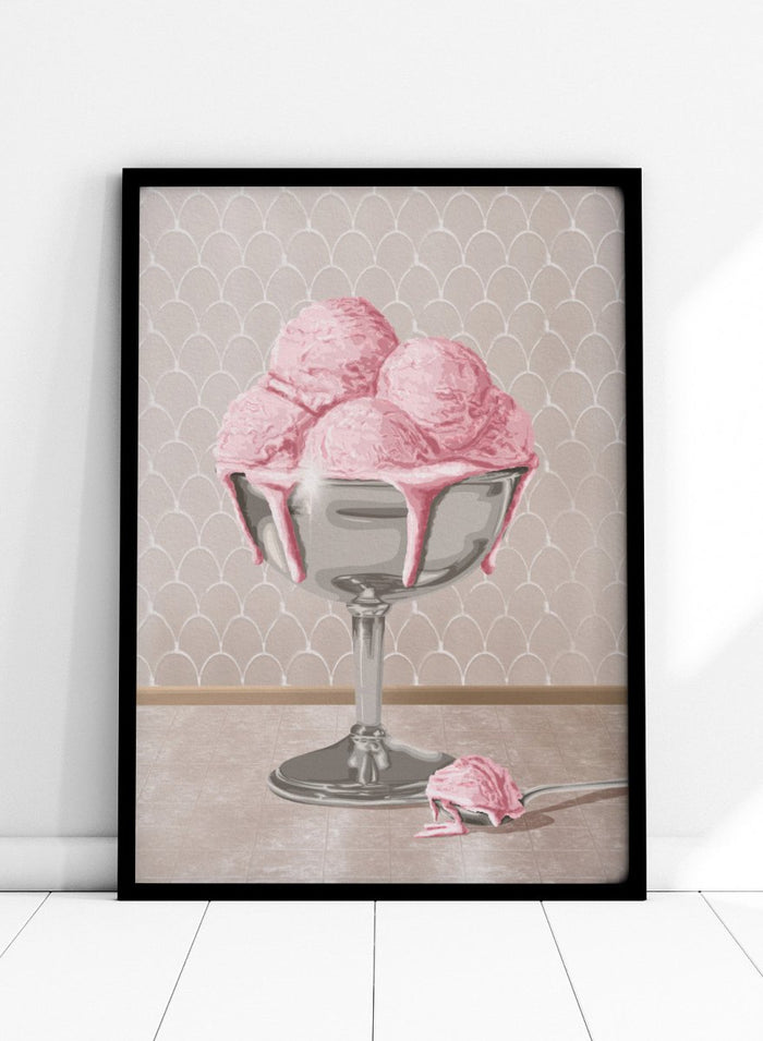 A stylized illustration of pink ice cream scoops in a silver pedestal bowl with dripping pink sauce, set against a pale patterned wall and floor. Sweet Pink Meltdown by Lisa Solomoniuk premium framed fine art print featuring melting pink ice cream in a silver dessert cup.