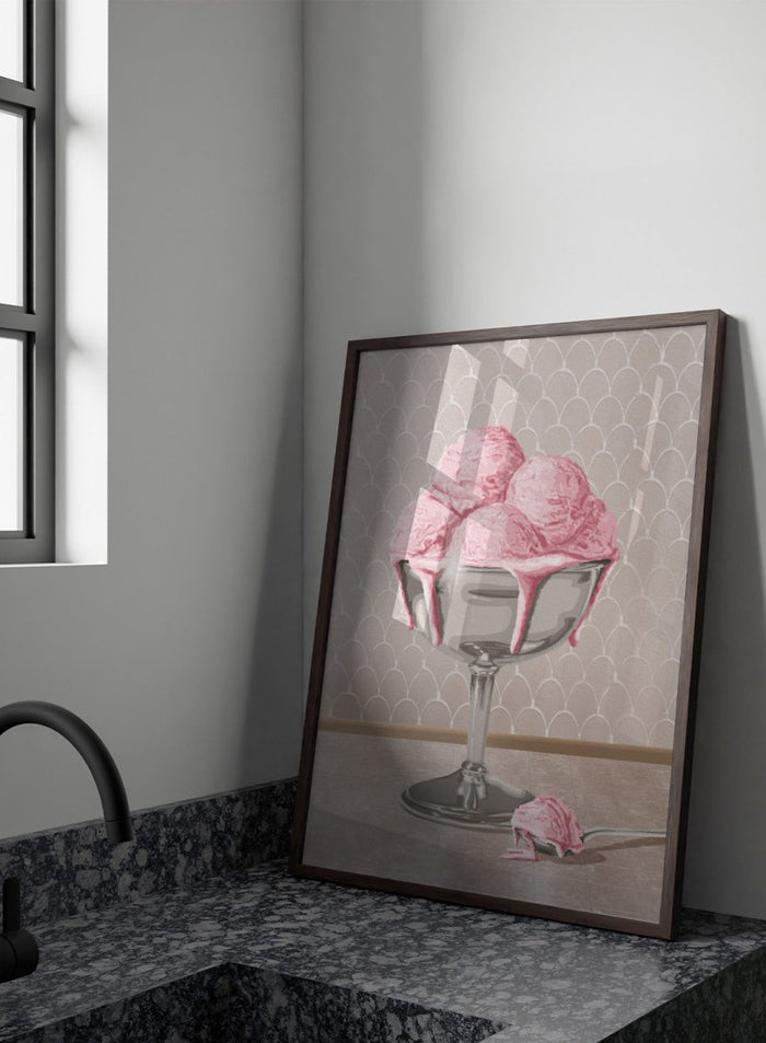 A stylized illustration of pink ice cream scoops in a silver pedestal bowl with dripping pink sauce, set against a pale patterned wall and floor. Sweet Pink Meltdown by Lisa Solomoniuk premium framed fine art print featuring melting pink ice cream in a silver dessert cup.