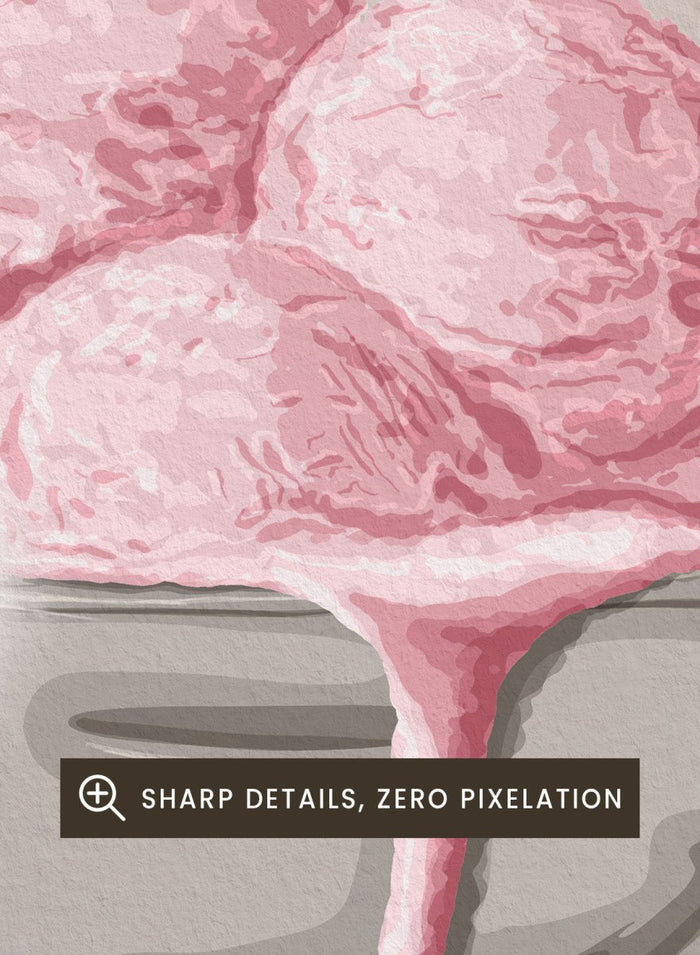 A stylized illustration of pink ice cream scoops in a silver pedestal bowl with dripping pink sauce, set against a pale patterned wall and floor. Sweet Pink Meltdown by Lisa Solomoniuk premium framed fine art print featuring melting pink ice cream in a silver dessert cup.