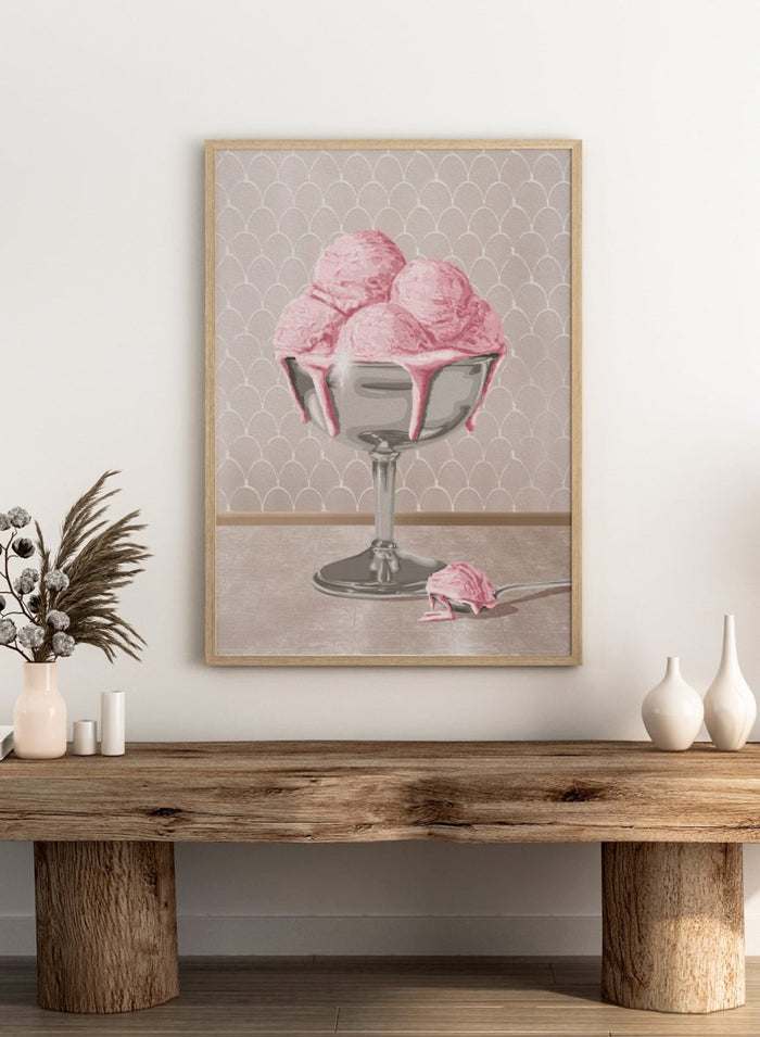 A stylized illustration of pink ice cream scoops in a silver pedestal bowl with dripping pink sauce, set against a pale patterned wall and floor. Sweet Pink Meltdown by Lisa Solomoniuk premium framed fine art print featuring melting pink ice cream in a silver dessert cup.