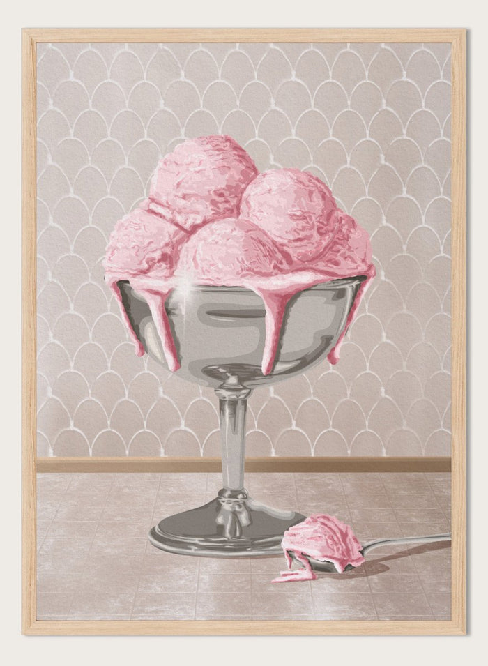 A stylized illustration of pink ice cream scoops in a silver pedestal bowl with dripping pink sauce, set against a pale patterned wall and floor. Sweet Pink Meltdown by Lisa Solomoniuk premium framed fine art print featuring melting pink ice cream in a silver dessert cup.