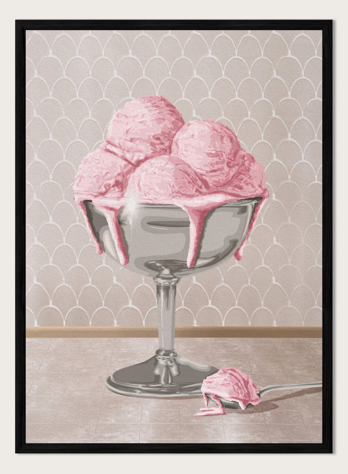 A stylized illustration of pink ice cream scoops in a silver pedestal bowl with dripping pink sauce, set against a pale patterned wall and floor. Sweet Pink Meltdown by Lisa Solomoniuk premium framed fine art print featuring melting pink ice cream in a silver dessert cup.