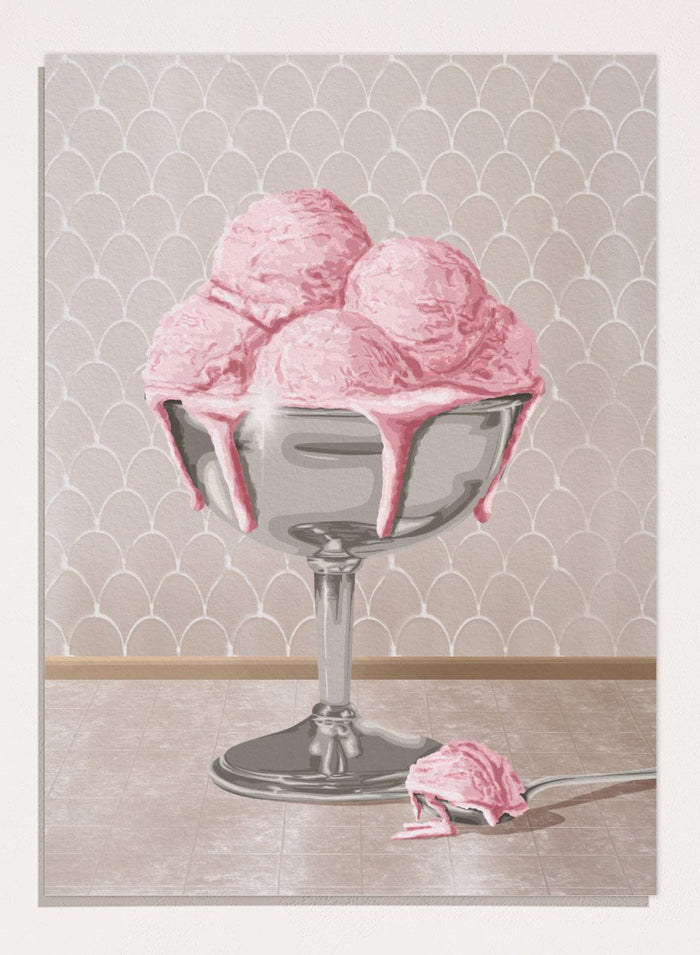 A stylized illustration of pink ice cream scoops in a silver pedestal bowl with dripping pink sauce, set against a pale patterned wall and floor. Sweet Pink Meltdown by Lisa Solomoniuk premium framed fine art print featuring melting pink ice cream in a silver dessert cup.