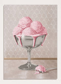 A stylized illustration of pink ice cream scoops in a silver pedestal bowl with dripping pink sauce, set against a pale patterned wall and floor. Sweet Pink Meltdown by Lisa Solomoniuk premium framed fine art print featuring melting pink ice cream in a silver dessert cup.