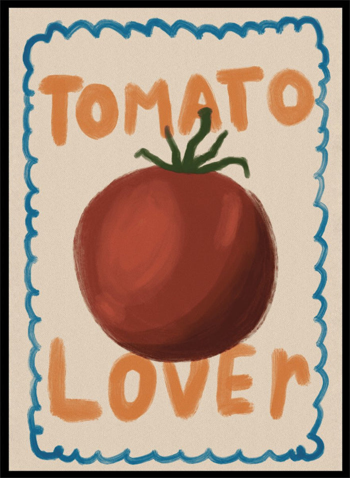 An art print featuring a painted red tomato with a green stem, surrounded by a scalloped blue border on a cream background. The words 'TOMATO' at the top and 'LOVER' at the bottom are written in orange hand-drawn lettering. Tomato Lover by Lisa Solomoniuk premium framed fine art print featuring an oversized tomato, playful hand-painted lettering, and a wavy border.