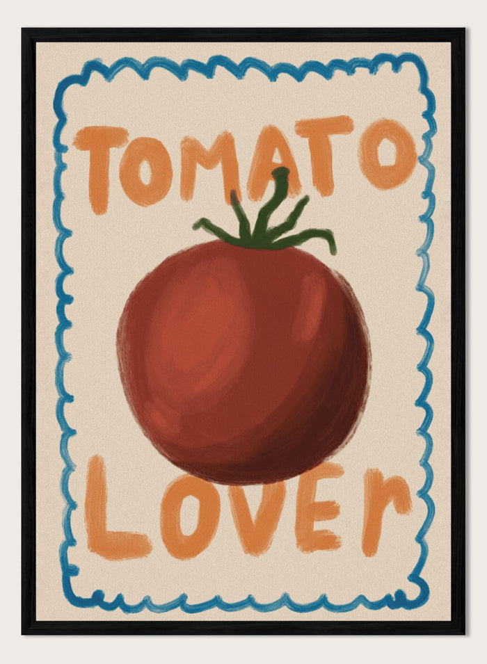 An art print featuring a painted red tomato with a green stem, surrounded by a scalloped blue border on a cream background. The words 'TOMATO' at the top and 'LOVER' at the bottom are written in orange hand-drawn lettering. Tomato Lover by Lisa Solomoniuk premium framed fine art print featuring an oversized tomato, playful hand-painted lettering, and a wavy border.