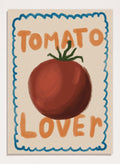An art print featuring a painted red tomato with a green stem, surrounded by a scalloped blue border on a cream background. The words 'TOMATO' at the top and 'LOVER' at the bottom are written in orange hand-drawn lettering. Tomato Lover by Lisa Solomoniuk premium framed fine art print featuring an oversized tomato, playful hand-painted lettering, and a wavy border.