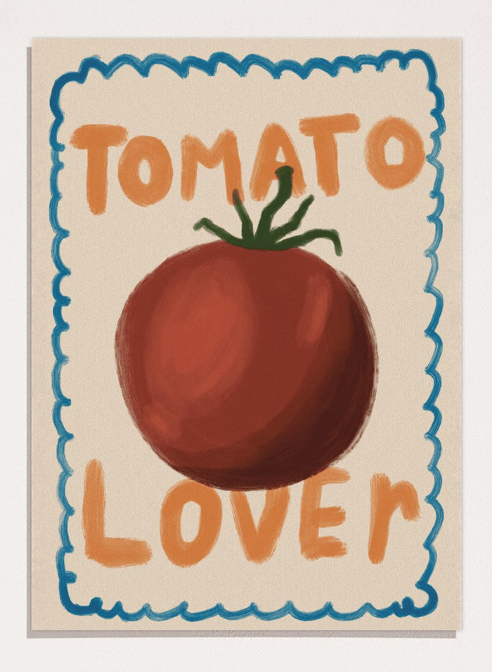 An art print featuring a painted red tomato with a green stem, surrounded by a scalloped blue border on a cream background. The words 'TOMATO' at the top and 'LOVER' at the bottom are written in orange hand-drawn lettering. Tomato Lover by Lisa Solomoniuk premium framed fine art print featuring an oversized tomato, playful hand-painted lettering, and a wavy border.