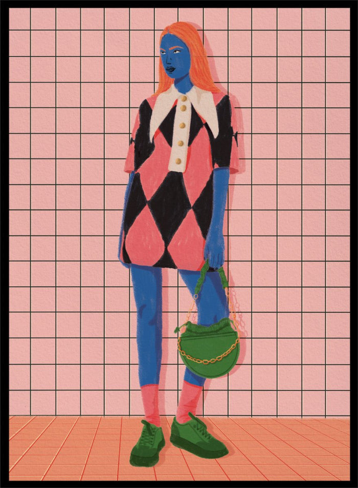 A stylized fashion illustration of a person with blue skin and orange hair, wearing a pink and black harlequin dress with a white collar, blue leggings, green shoes, and carrying a green bag, set against a pink grid background. Vibrant Argyle Style by Lisa Solomoniuk premium framed fine art print featuring a bold fashion figure in bright pink, blue, green, and black.