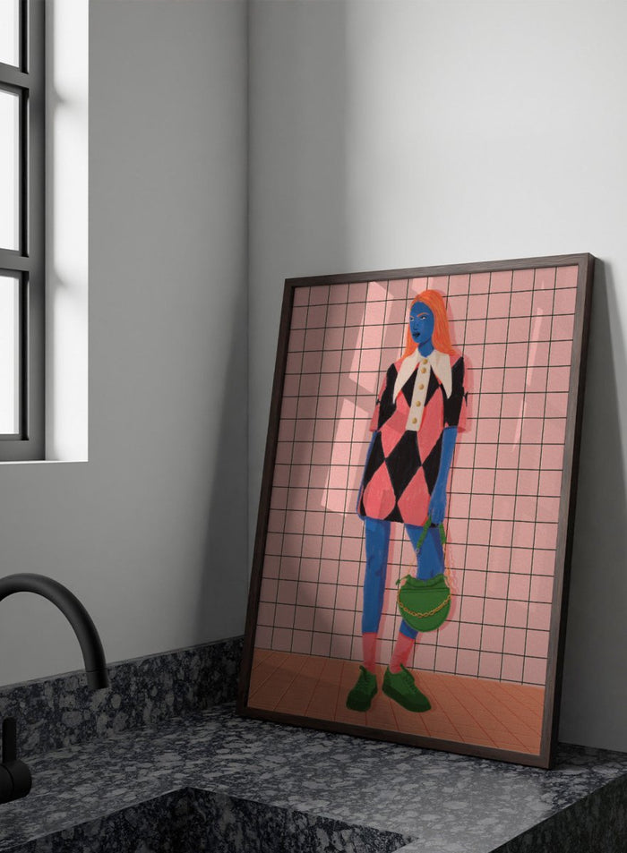 A stylized fashion illustration of a person with blue skin and orange hair, wearing a pink and black harlequin dress with a white collar, blue leggings, green shoes, and carrying a green bag, set against a pink grid background. Vibrant Argyle Style by Lisa Solomoniuk premium framed fine art print featuring a bold fashion figure in bright pink, blue, green, and black.
