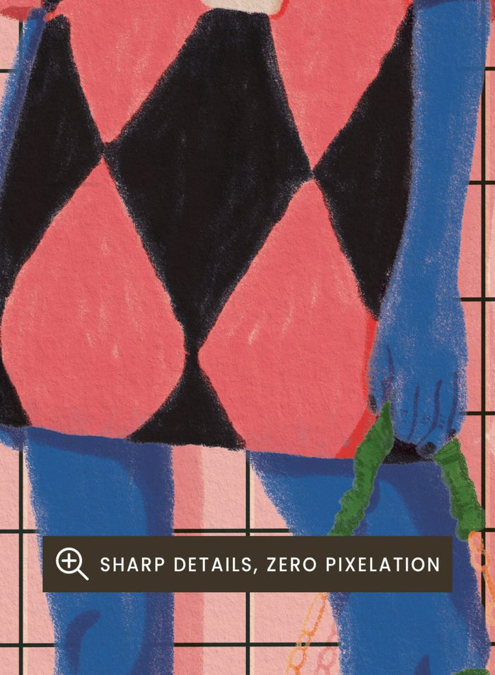 A stylized fashion illustration of a person with blue skin and orange hair, wearing a pink and black harlequin dress with a white collar, blue leggings, green shoes, and carrying a green bag, set against a pink grid background. Vibrant Argyle Style by Lisa Solomoniuk premium framed fine art print featuring a bold fashion figure in bright pink, blue, green, and black.