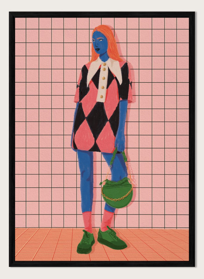 A stylized fashion illustration of a person with blue skin and orange hair, wearing a pink and black harlequin dress with a white collar, blue leggings, green shoes, and carrying a green bag, set against a pink grid background. Vibrant Argyle Style by Lisa Solomoniuk premium framed fine art print featuring a bold fashion figure in bright pink, blue, green, and black.