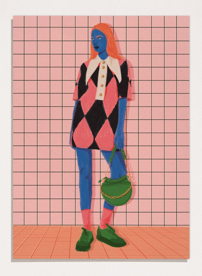 A stylized fashion illustration of a person with blue skin and orange hair, wearing a pink and black harlequin dress with a white collar, blue leggings, green shoes, and carrying a green bag, set against a pink grid background. Vibrant Argyle Style by Lisa Solomoniuk premium framed fine art print featuring a bold fashion figure in bright pink, blue, green, and black.