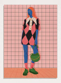 A stylized fashion illustration of a person with blue skin and orange hair, wearing a pink and black harlequin dress with a white collar, blue leggings, green shoes, and carrying a green bag, set against a pink grid background. Vibrant Argyle Style by Lisa Solomoniuk premium framed fine art print featuring a bold fashion figure in bright pink, blue, green, and black.