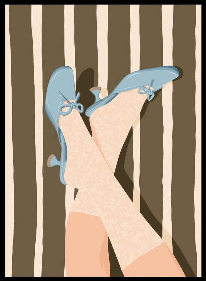 A stylized illustration of crossed legs wearing beige patterned socks and light blue kitten-heel flats with bow details, set against a brown and cream striped background. Whimsical Blue Heels by Lisa Solomoniuk premium framed fine art print featuring pale blue heels, patterned tights, and bold brown stripes.