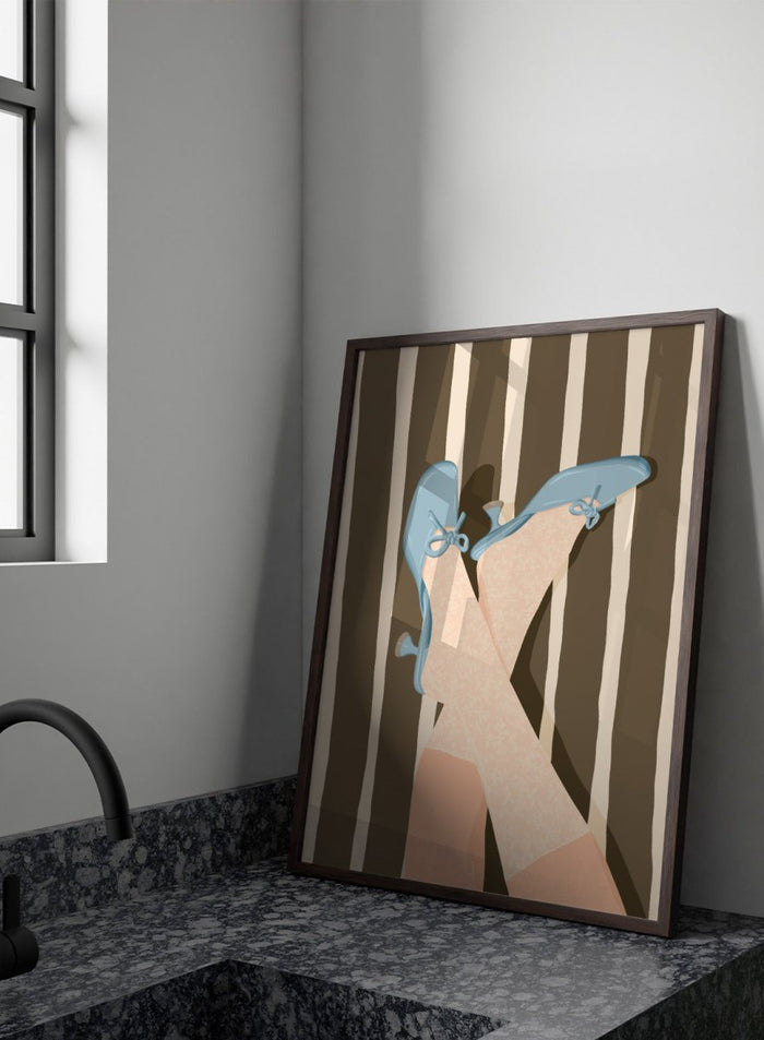 A stylized illustration of crossed legs wearing beige patterned socks and light blue kitten-heel flats with bow details, set against a brown and cream striped background. Whimsical Blue Heels by Lisa Solomoniuk premium framed fine art print featuring pale blue heels, patterned tights, and bold brown stripes.