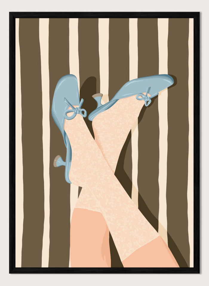 A stylized illustration of crossed legs wearing beige patterned socks and light blue kitten-heel flats with bow details, set against a brown and cream striped background. Whimsical Blue Heels by Lisa Solomoniuk premium framed fine art print featuring pale blue heels, patterned tights, and bold brown stripes.