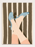 A stylized illustration of crossed legs wearing beige patterned socks and light blue kitten-heel flats with bow details, set against a brown and cream striped background. Whimsical Blue Heels by Lisa Solomoniuk premium framed fine art print featuring pale blue heels, patterned tights, and bold brown stripes.