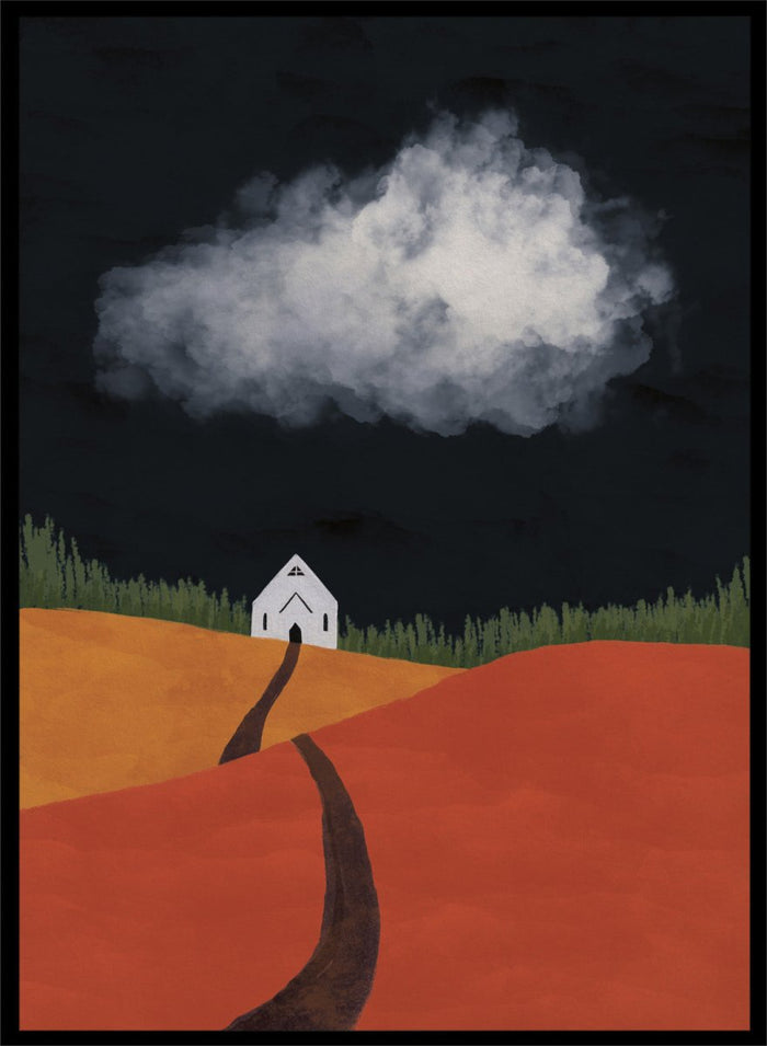 A stylized landscape artwork showing a white house on a hill, a dark winding path, orange and yellow fields, green grass, and a large white cloud against a very dark sky. Winding Path Church by Lisa Solomoniuk premium framed fine art print featuring a small white church beneath a dramatic cloud over red and ochre hills.