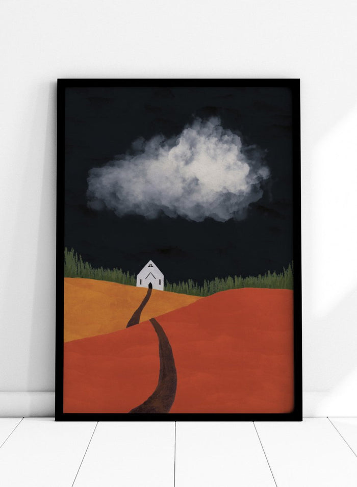 A stylized landscape artwork showing a white house on a hill, a dark winding path, orange and yellow fields, green grass, and a large white cloud against a very dark sky. Winding Path Church by Lisa Solomoniuk premium framed fine art print featuring a small white church beneath a dramatic cloud over red and ochre hills.