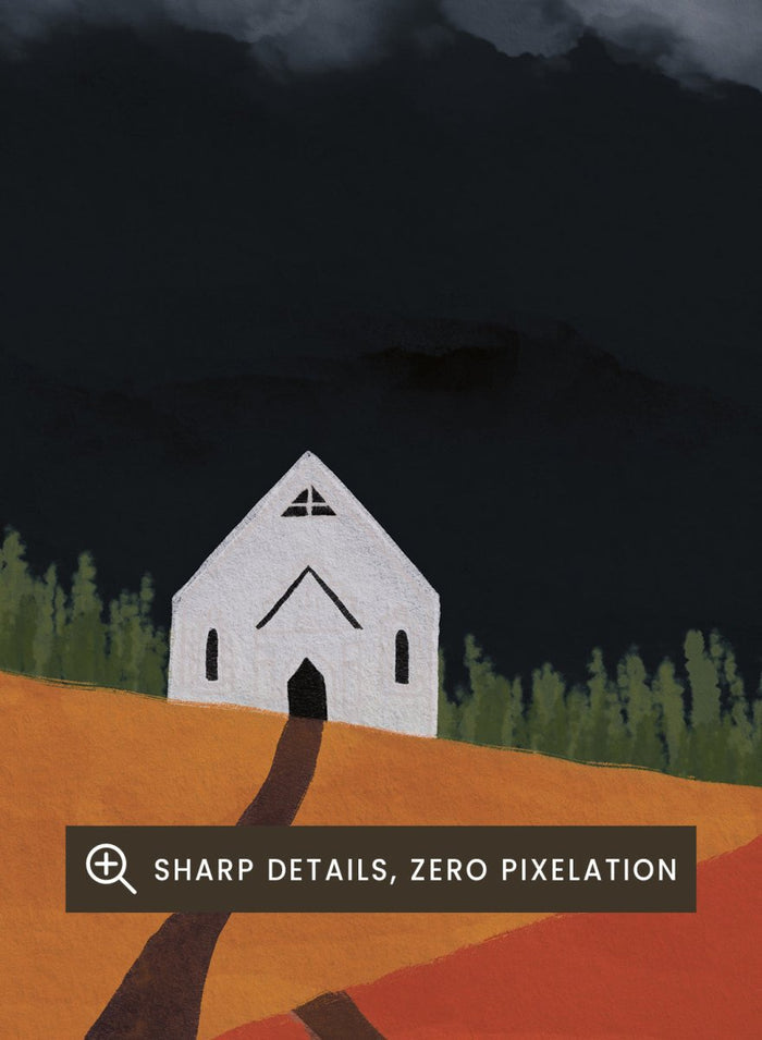 A stylized landscape artwork showing a white house on a hill, a dark winding path, orange and yellow fields, green grass, and a large white cloud against a very dark sky. Winding Path Church by Lisa Solomoniuk premium framed fine art print featuring a small white church beneath a dramatic cloud over red and ochre hills.